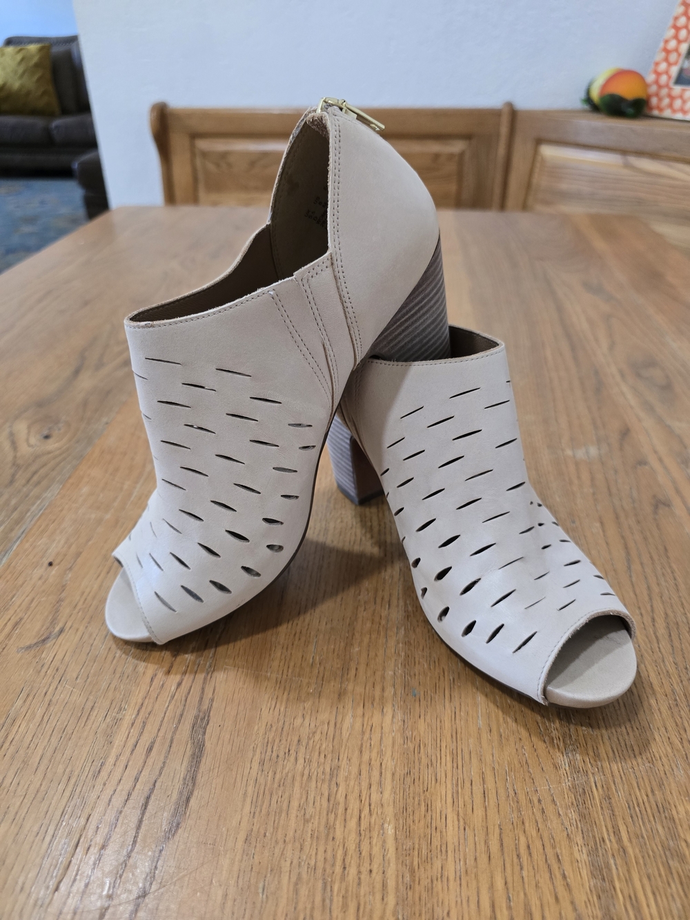 Clarks Beige/Neutral Perforated Peep Toe Block Heel Ankle Boots-Size 8